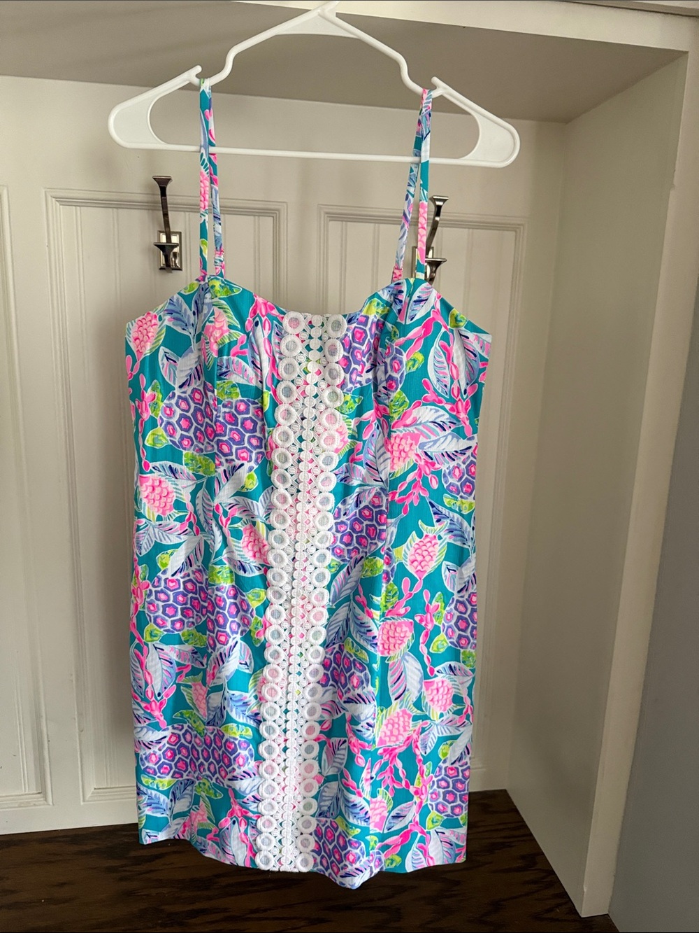 Lilly Pulitzer Blue Teal Pink Floral Mini Dress with White Trim